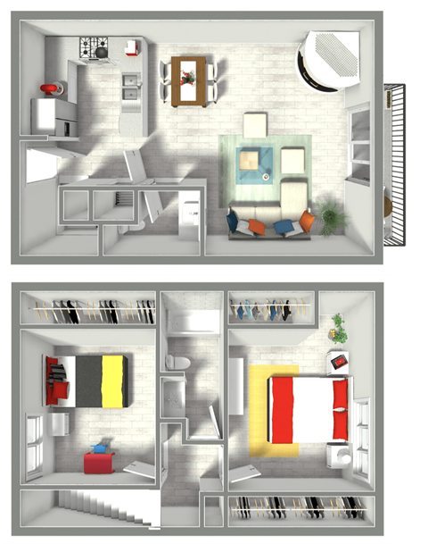 A diagram of a small apartment with two rooms and a bathroom.